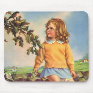 Tapis De Souris Fille Vintage regardant des oiseaux dans un arbre,