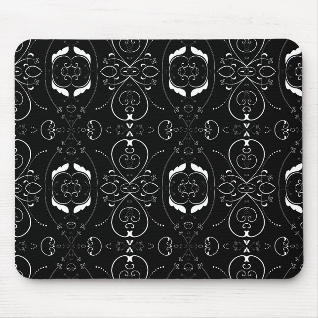 Tapis De Souris Fines flourishes blanches élégantes sur fond noir (Devant)
