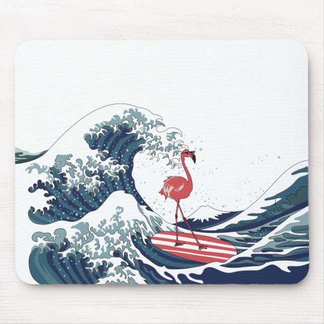 Tapis De Souris Flamant rose à vagues bleues surfant sans texte (Devant)