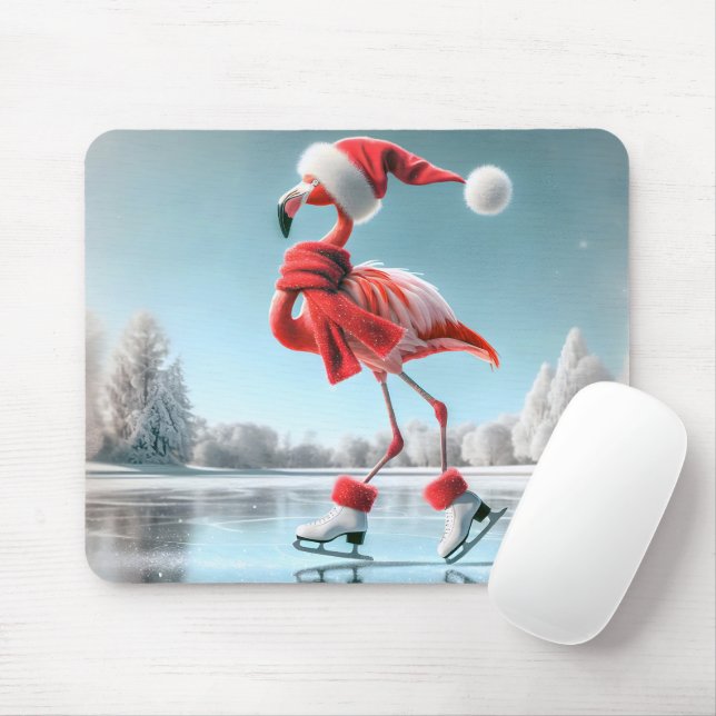 Tapis De Souris Flamant rose de Noël Patinage sur glace (Avec souris)