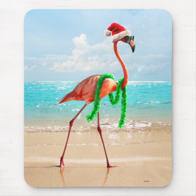 Tapis De Souris Flamant rose de Noël sur la plage (Devant)