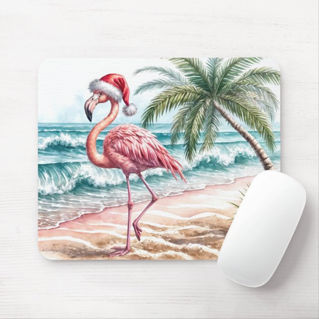 Tapis De Souris Flamant rose de Noël sur une plage (Avec souris)