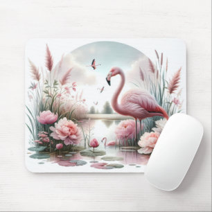 Tapis De Souris Flamant rose en Pastel Pond Floral Scene