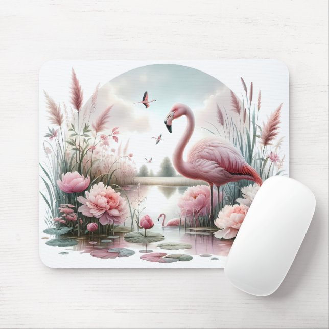 Tapis De Souris Flamant rose en Pastel Pond Floral Scene (Avec souris)