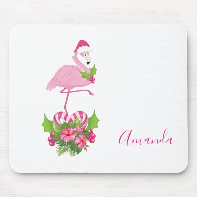 Tapis De Souris Flamant rose rose en Santa Hat avec Sucre de canne (Devant)
