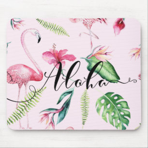 Tapis De Souris Flamant rose rose Hibiscus tropical Aloha floral