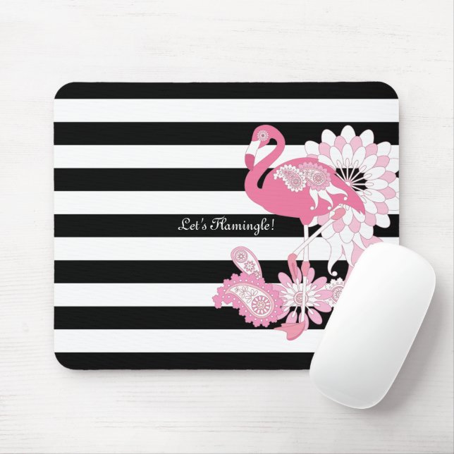 Tapis De Souris Flamant rose rose rayé noir et blanc moderne (Avec souris)