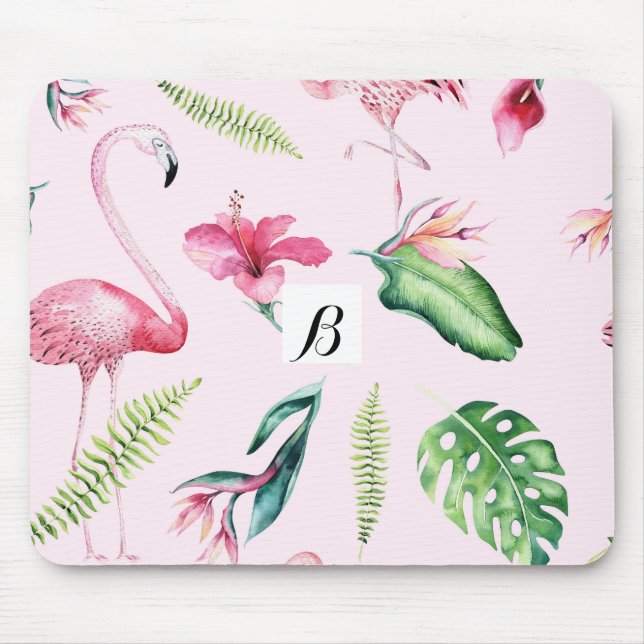 Tapis De Souris Flamant Rose Tropical Hibiscus Floral Fun (Devant)