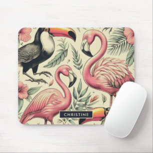 Tapis De Souris Flamant rose vintage et Toucan sans couture