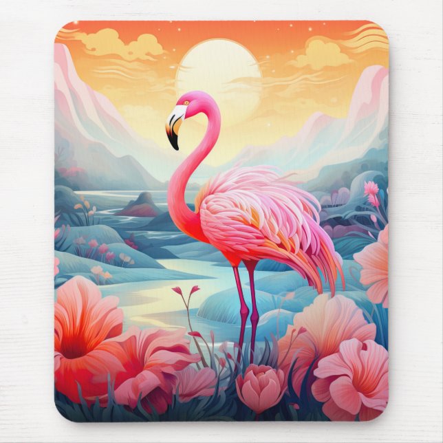 Tapis De Souris Flamant Tropical avec Fleurs (Devant)