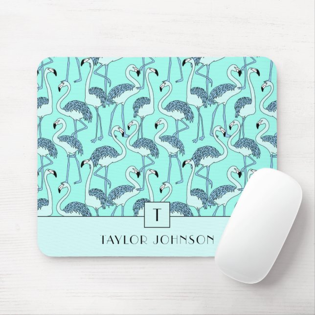 Tapis De Souris Flamants roses bleus monogramme moderne (Avec souris)