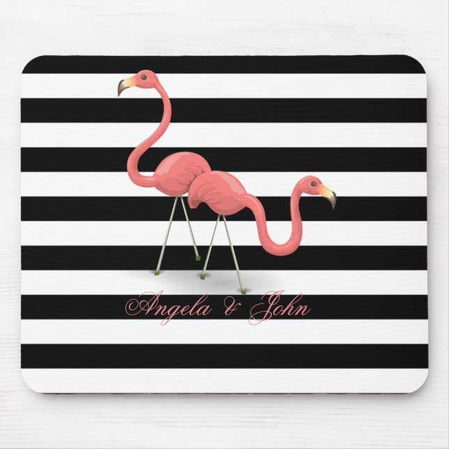 Tapis De Souris Flamants roses mignons, rayures noires et blanches (Devant)