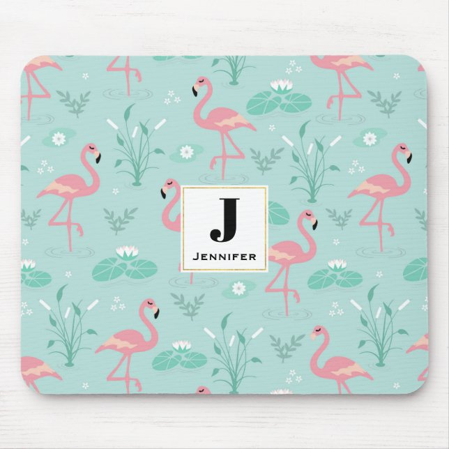 Tapis De Souris Flamants roses rose pastel Motif vert Monogramme (Devant)