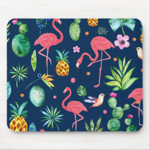 Tapis De Souris Flamants roses roses et feuilles et fleurs tropica