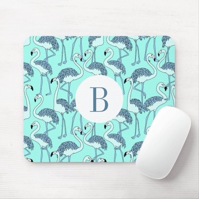 Tapis De Souris Flamants Roses Tropicaux Monogramme Moderne  (Avec souris)