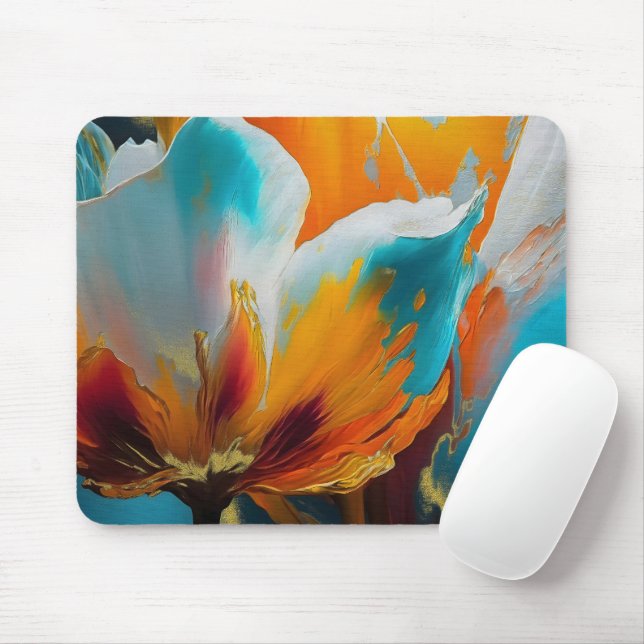Tapis De Souris Fleur abstraite en orange et sarcelle (Avec souris)