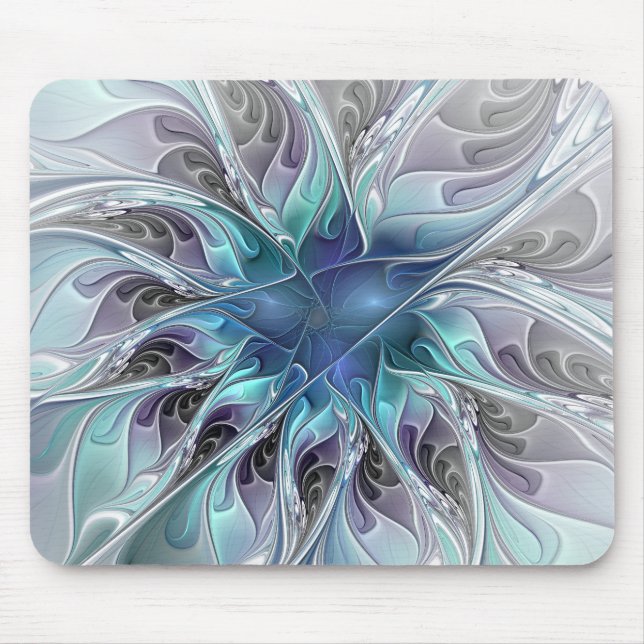 Tapis De Souris Fleur Abstraite Fractale Moderne Avec Bleu (Devant)