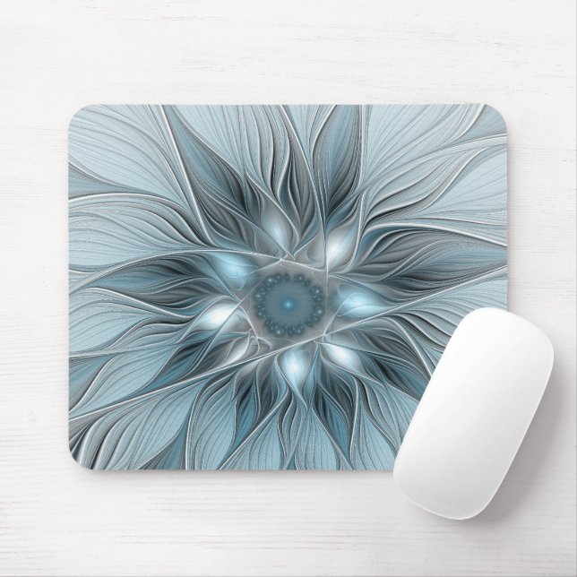 Tapis De Souris Fleur abstraite joyeuse bleu gris floral fractal (Avec souris)