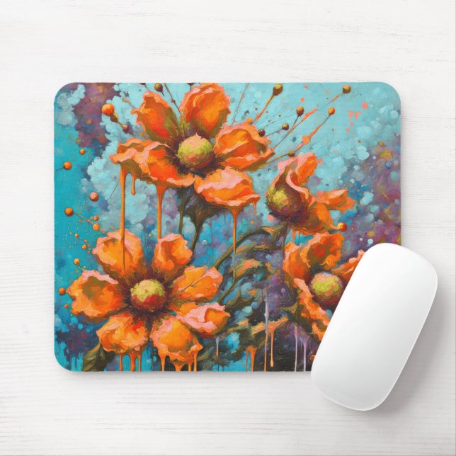 Tapis De Souris Fleur Abstraite Orange avec les gouttes de peintur (Avec souris)