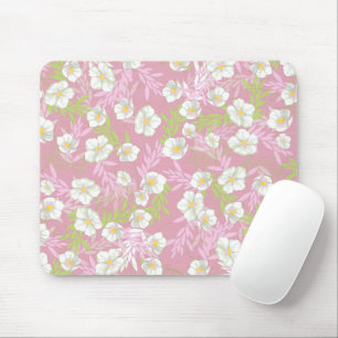 Tapis De Souris Fleur blanche fond bleu motif floral feuilles