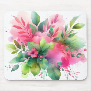 Tapis De Souris Fleur botanique à l'aquarelle rose vert