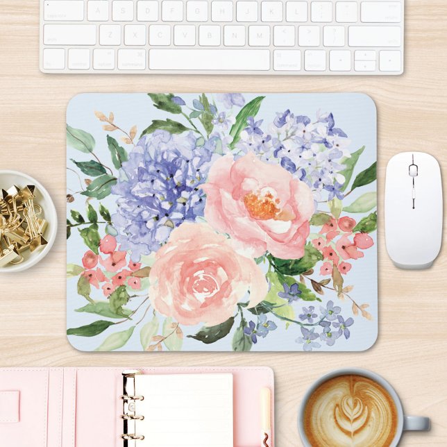 Tapis De Souris Fleur d'aquarelle bleue rose Hydrangea Pivoine Flo (In situ office desk)