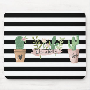 Tapis De Souris Fleur de Cactus Rayures Noires et Blanches