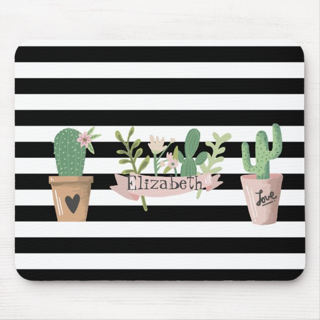 Tapis De Souris Fleur de Cactus Rayures Noires et Blanches (Devant)