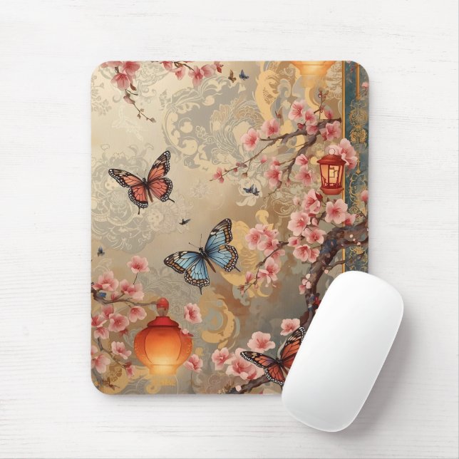 Tapis De Souris Fleur de cerisier Lanterne papillon (Avec souris)