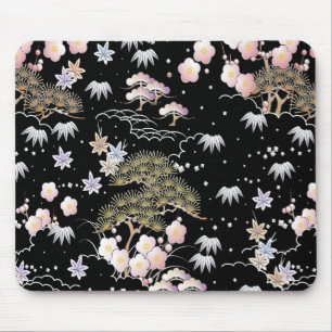 Tapis De Souris Fleur de cerisier rose noir Élégant motif floral