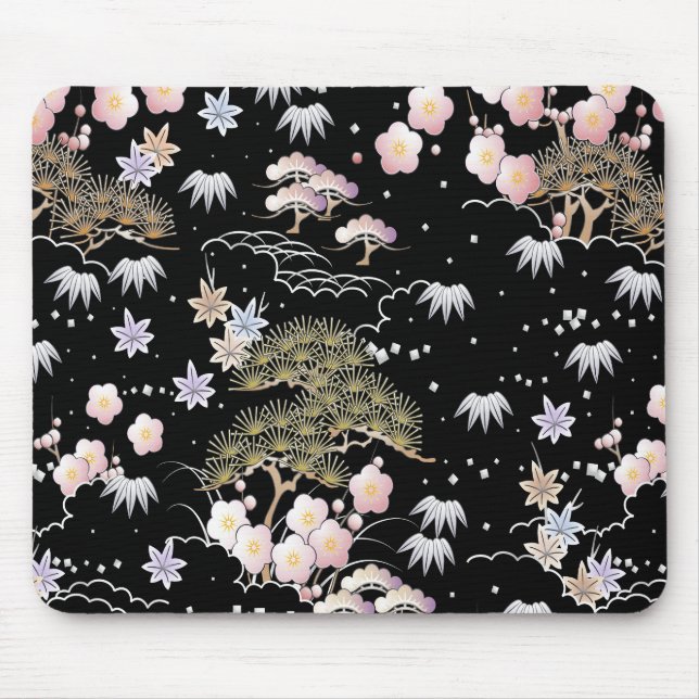 Tapis De Souris Fleur de cerisier rose noir Élégant motif floral (Devant)