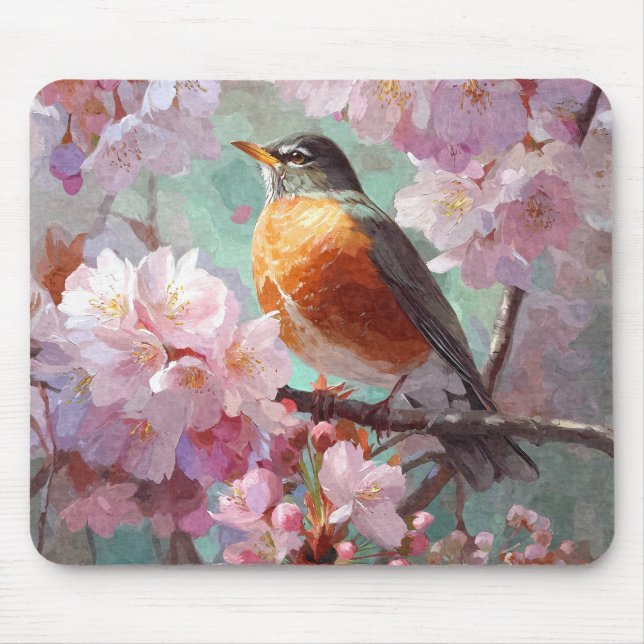 Tapis de souris Fleur de Cerisier Rose Rouge-Gorge (Devant)