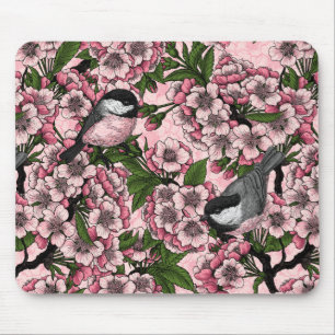 Tapis De Souris Fleur de cerisiers et poulets roses