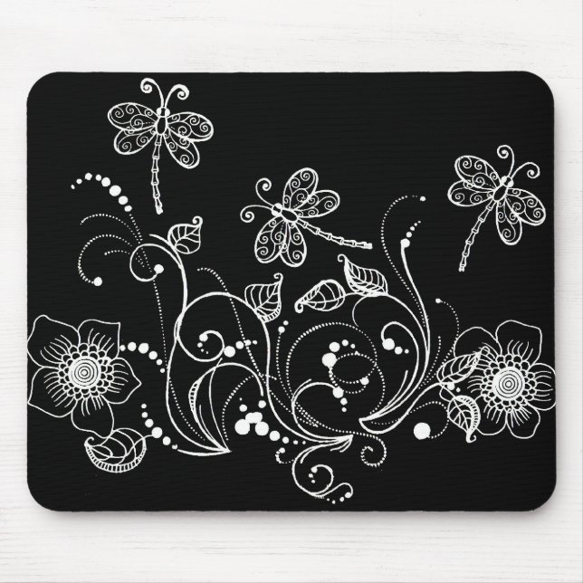 Tapis De Souris Fleur de dragon en noir et blanc (Devant)