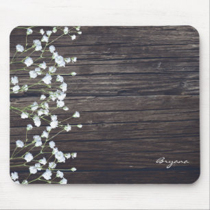 Tapis De Souris Fleur de Gypsophile & Bois Rustique Foncé Campagne