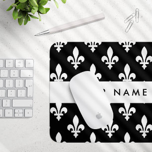 Tapis De Souris Fleur de Lis, Blanc sur Noir, Blanc, Votre Nom