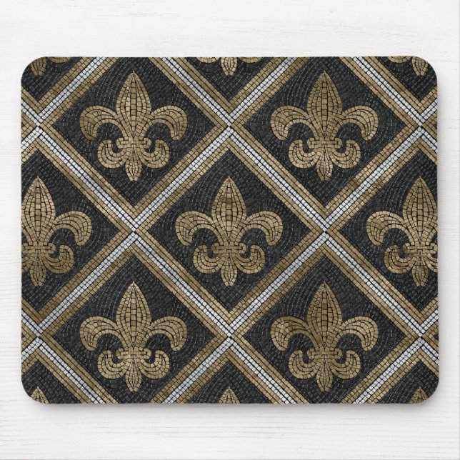 Tapis De Souris Fleur-de-lis mosaic tile pattern black and gold (Devant)