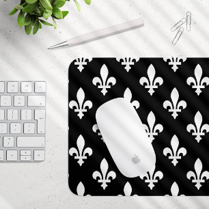 Tapis De Souris Fleur de Lis Motif, Royal French, Blanc sur Noir