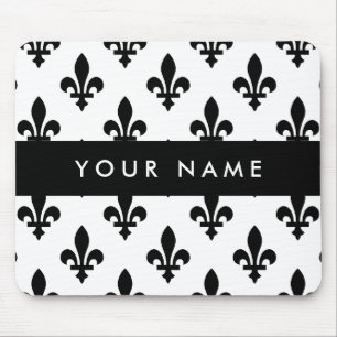 Tapis De Souris Fleur de Lis, Noir sur Blanc, Noir, Votre Nom