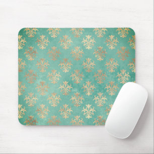 Tapis De Souris Fleur de lis or et turquoise patine vintage verte