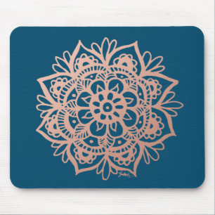 Tapis De Souris Fleur de Mandala Rose Gold sur le bleu foncé