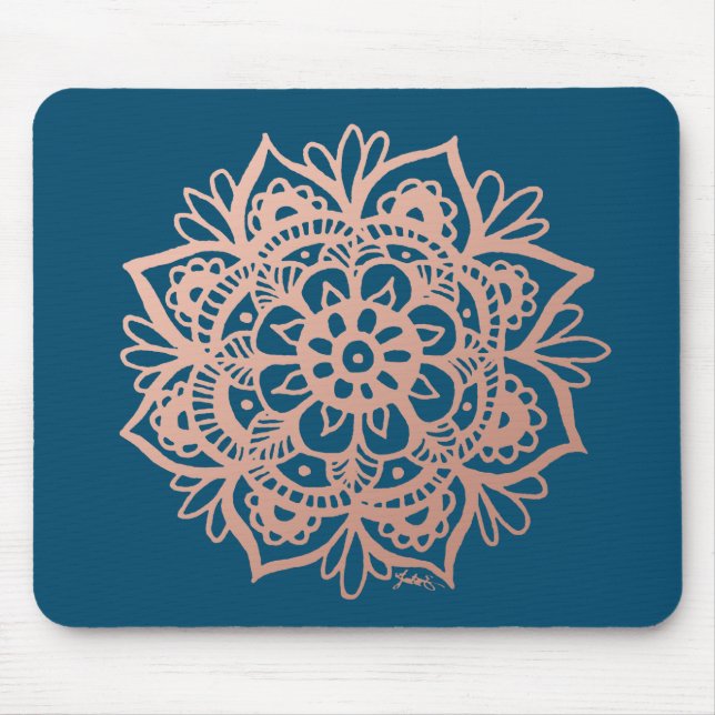 Tapis De Souris Fleur de Mandala Rose Gold sur le bleu foncé (Devant)