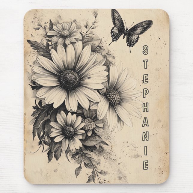 Tapis De Souris Fleur de marguerite papillon sépia vintage Botaniq (Devant)