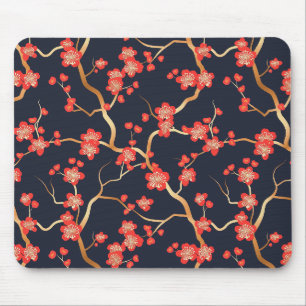 Tapis De Souris Fleur de prunier rouge bronze doré marine florale