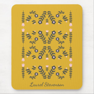 Tapis De Souris Fleur folk scandinave jaune Personnalisée