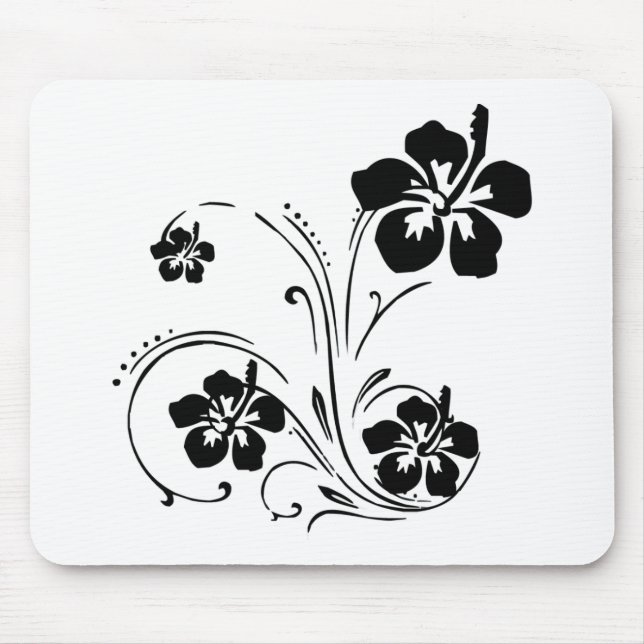 Tapis De Souris Fleur illustrée noire et blanche Mousepad (Devant)