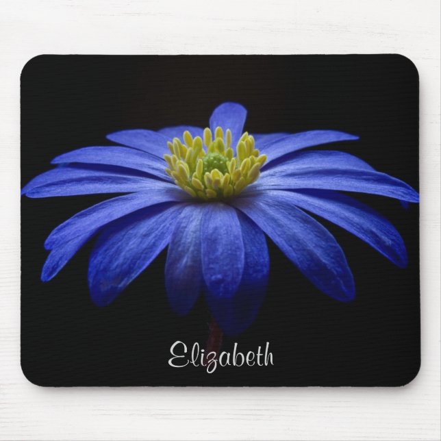 Tapis De Souris Fleur marguerite bleue sur noir Personnalisé (Devant)