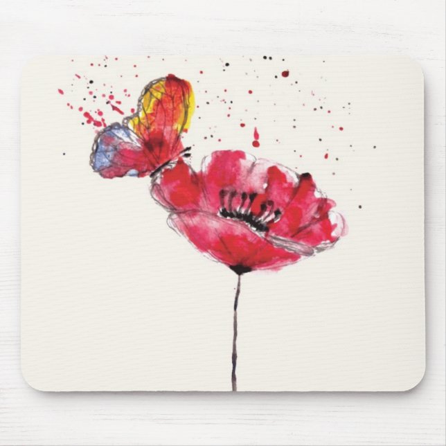 Tapis De Souris Fleur peinte stylisée de pavot d'aquarelle (Devant)