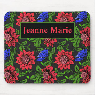 Tapis De Souris Fleur rouge et bleue élégante sur fond noir