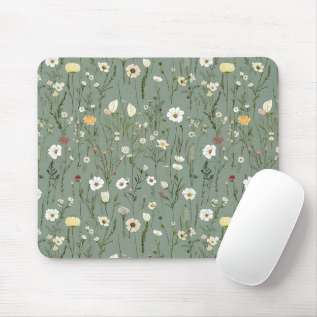 Tapis De Souris Fleur sauvage Dusty Sage Floral Vert (Avec souris)
